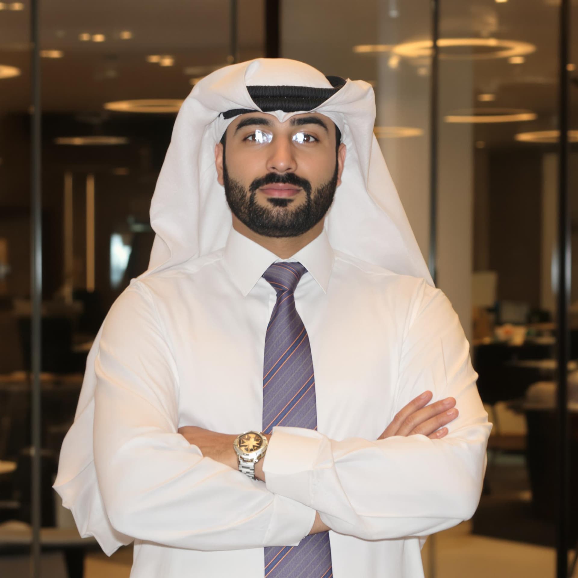 AI generated: clean shaven arab business man posing against office background