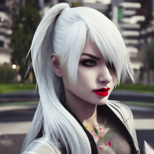 AI generated: ullbody photoshoot of samurai girl with snow white hair, unmasked, cyberpunk, outdoor, street, green...