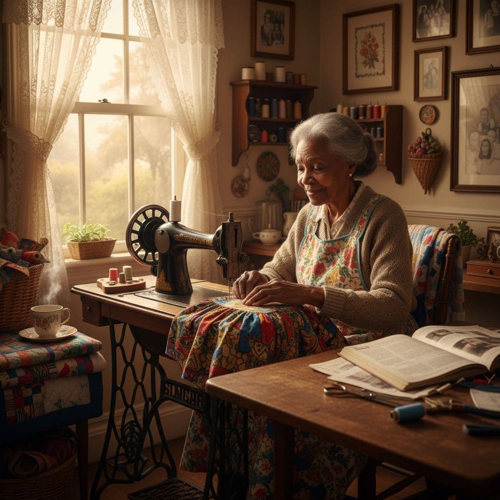 AI generated: An African American grandmother with gentle, wise features sits at a vintage sewing machine in a coz...
