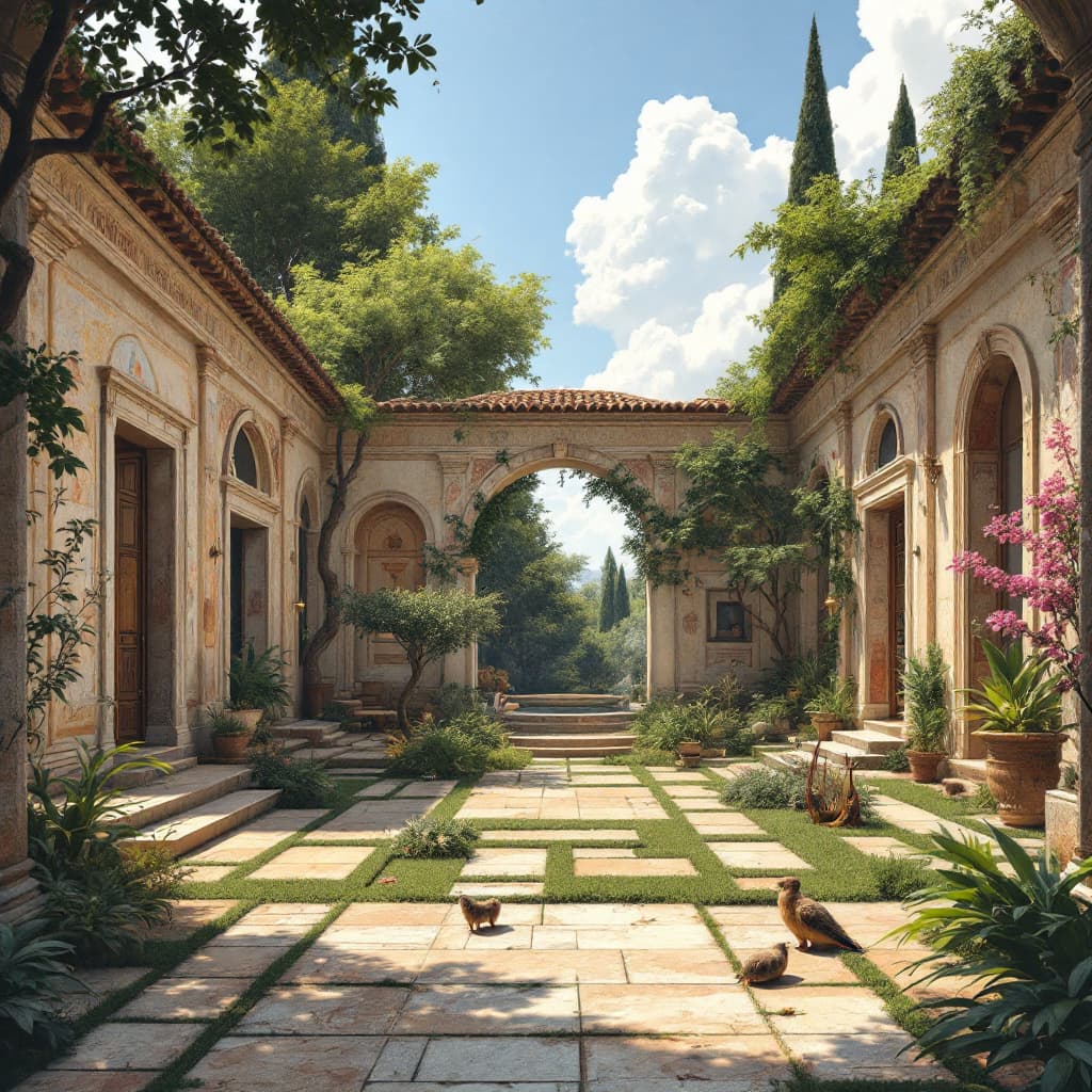 AI generated: A view of the patio of a roman villa. I can see the sky and some trees outside. I can see some fresc...