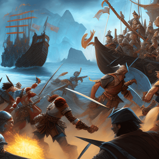 AI generated: dungeons and dragons, a party of adventurers fighting pirates, action shot, big battle, fantasy, con...