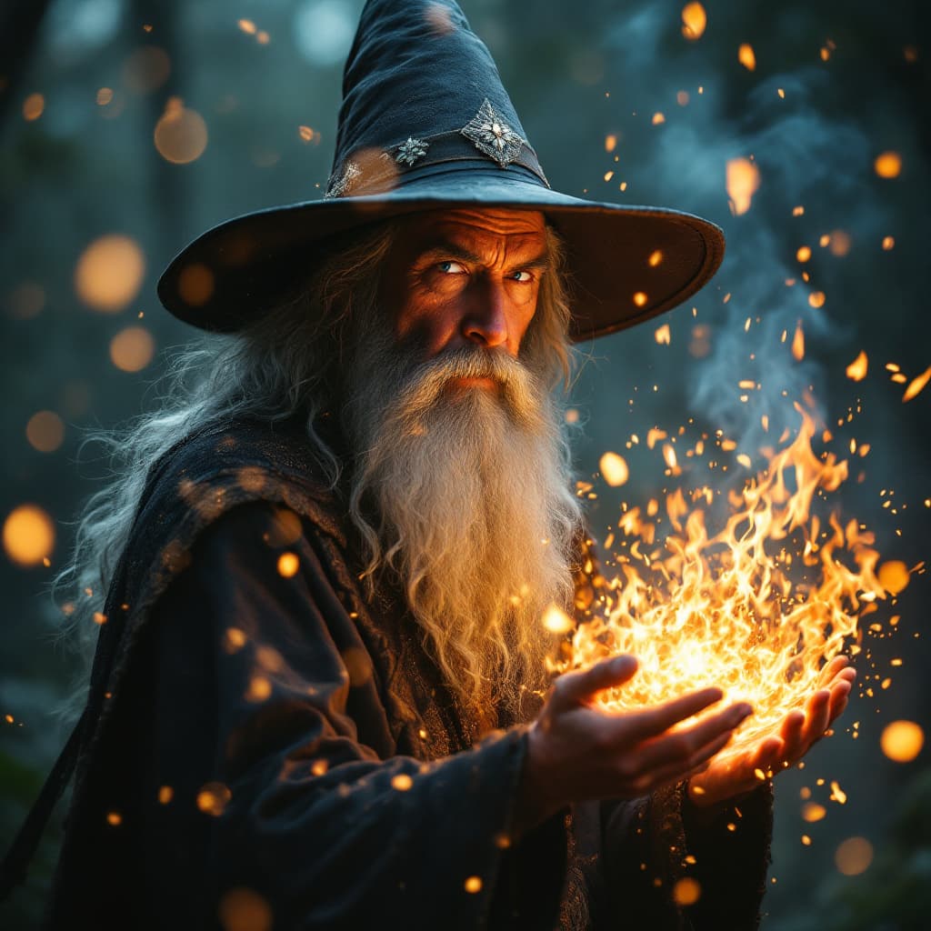 AI generated: Cakra Buana wizard, casting spells, centered, embers, bokeh, lens flare, light bloom, cinematic ligh...