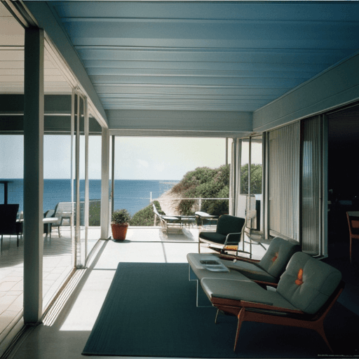 AI generated: Hyper realistic eye level exterior photo of a mid century modern style house overlooking the ocean, ...