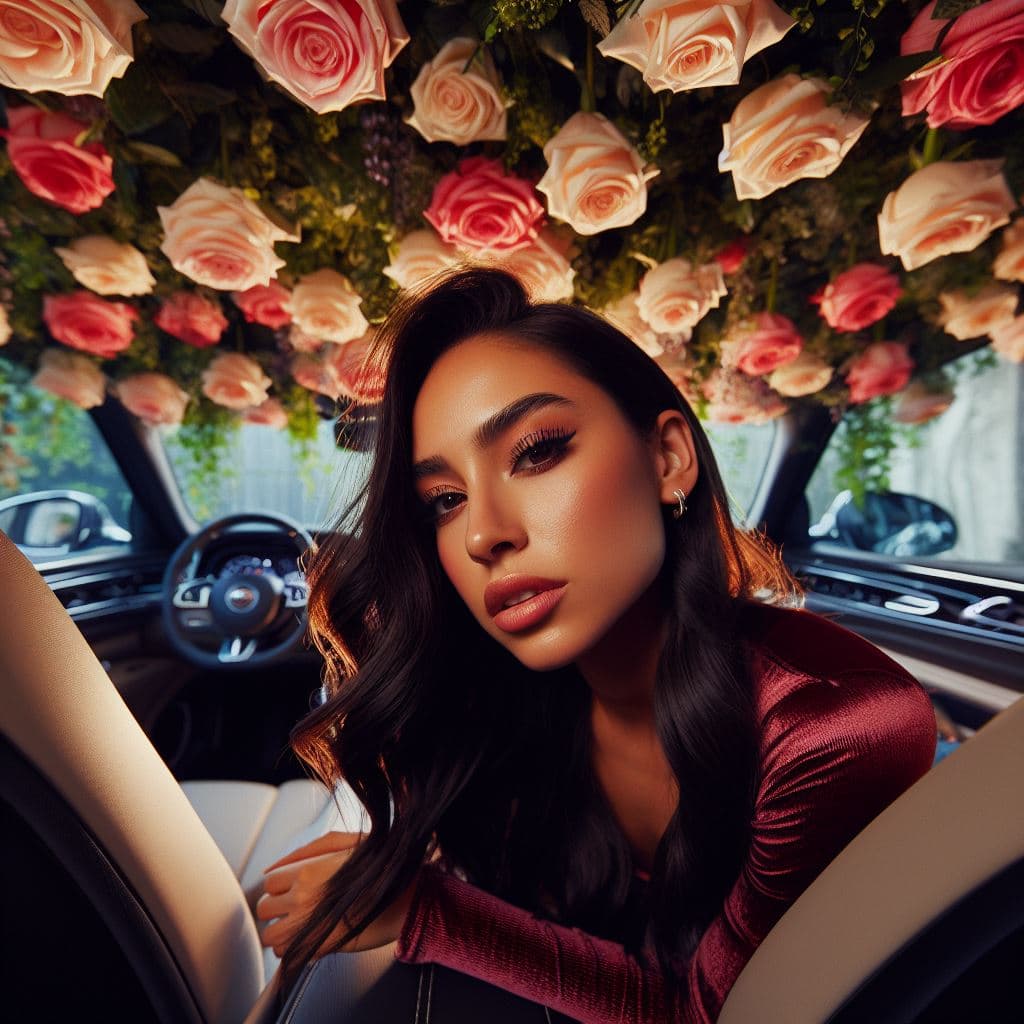 AI generated: A beautiful latin girl rests in the front seat of a luxurious car interior adorned with roses sprout...
