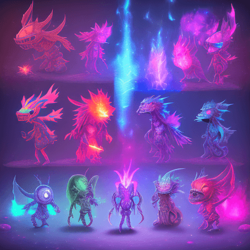 AI generated:  chibi flame creatures at an event party in oldschool runescape. cosmic space fire pink and blue wit...