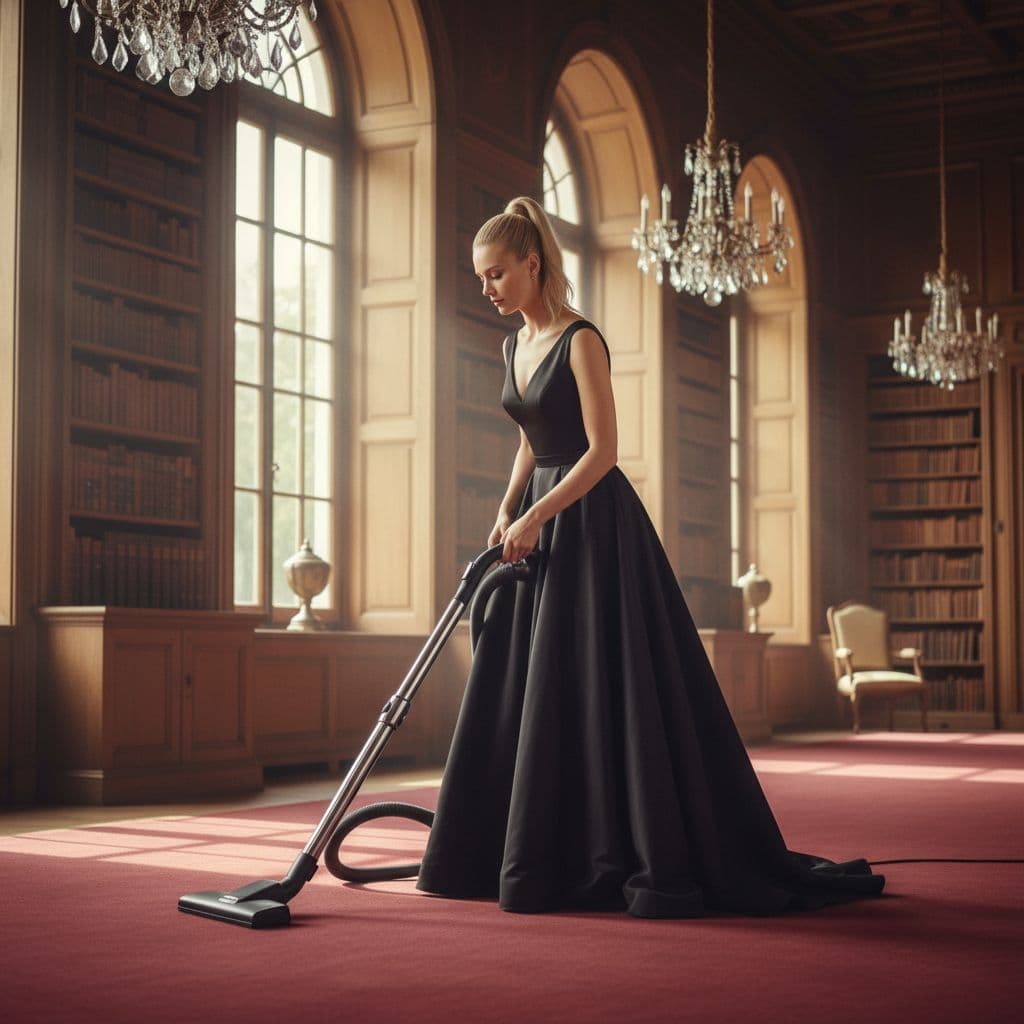 AI generated: image of an blonde woman wearing long black gown, vacuuming the carpet, hair in a pony tail, cinemat...
