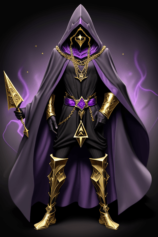 AI generated: Shadow wizard money gang, in purple cloak hood, dark face, gold chains and jewellery. Gold triangle ...