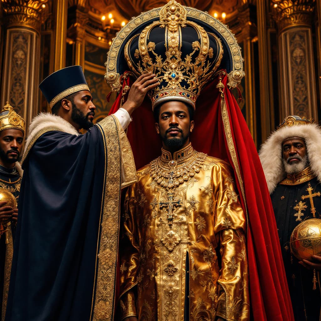 AI generated: The image is a hyper-realistic, regal portrayal of the coronation of Emperor Haile Selassie I of Eth...