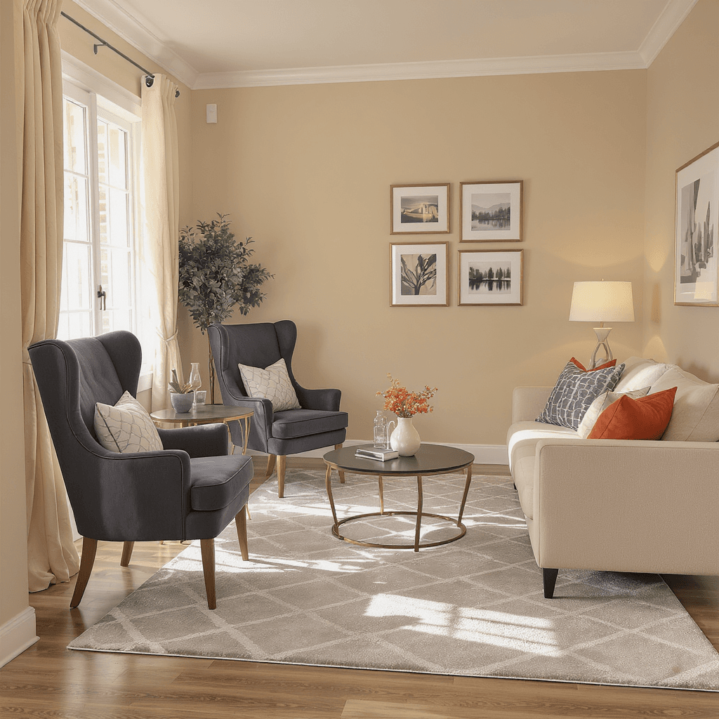 AI generated: Make decoration for sitting hall 8x3
Put coffee corner with 2 high chairs and on other side put low...