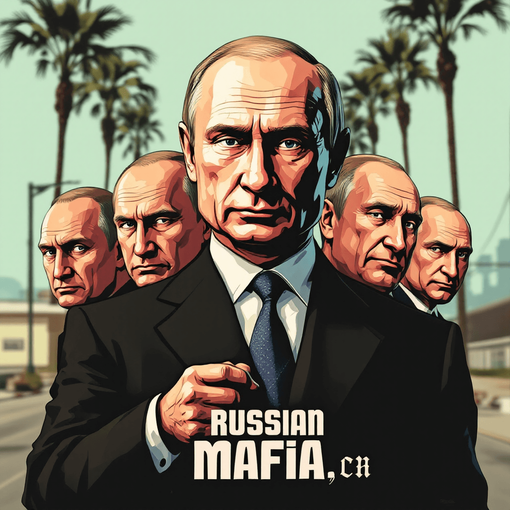 AI generated: Putin on the cover of GTA San Andreas, on the cover 5 different Putin's emotions are mostly serious,...