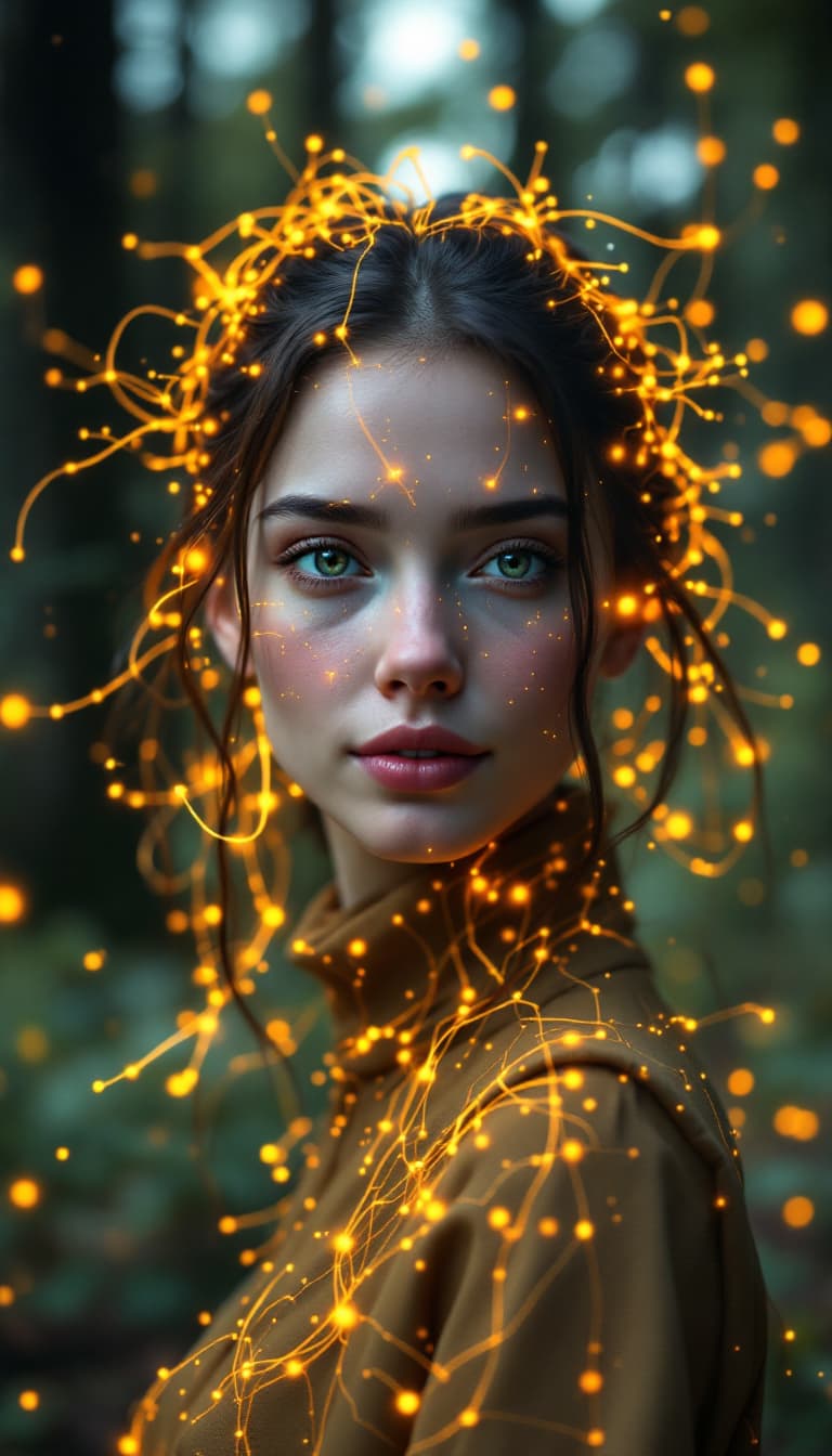 AI generated: A hyperrealistic white woman walks toward us, facing the camera, along a very realistic forest trail...