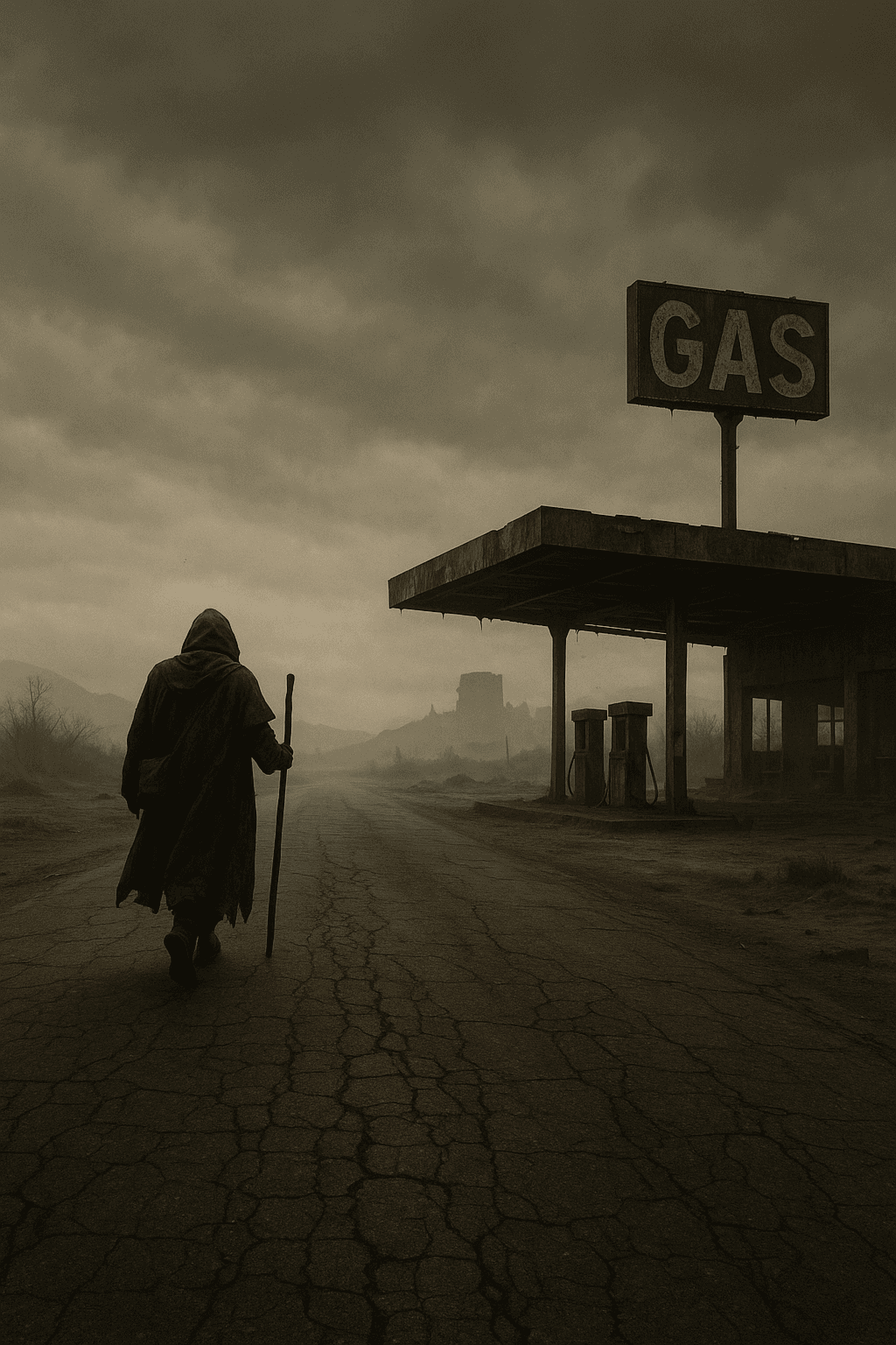 AI generated: A lone cloaked wanderer with a staff walks along a cracked, empty road under a heavy, overcast sky i...