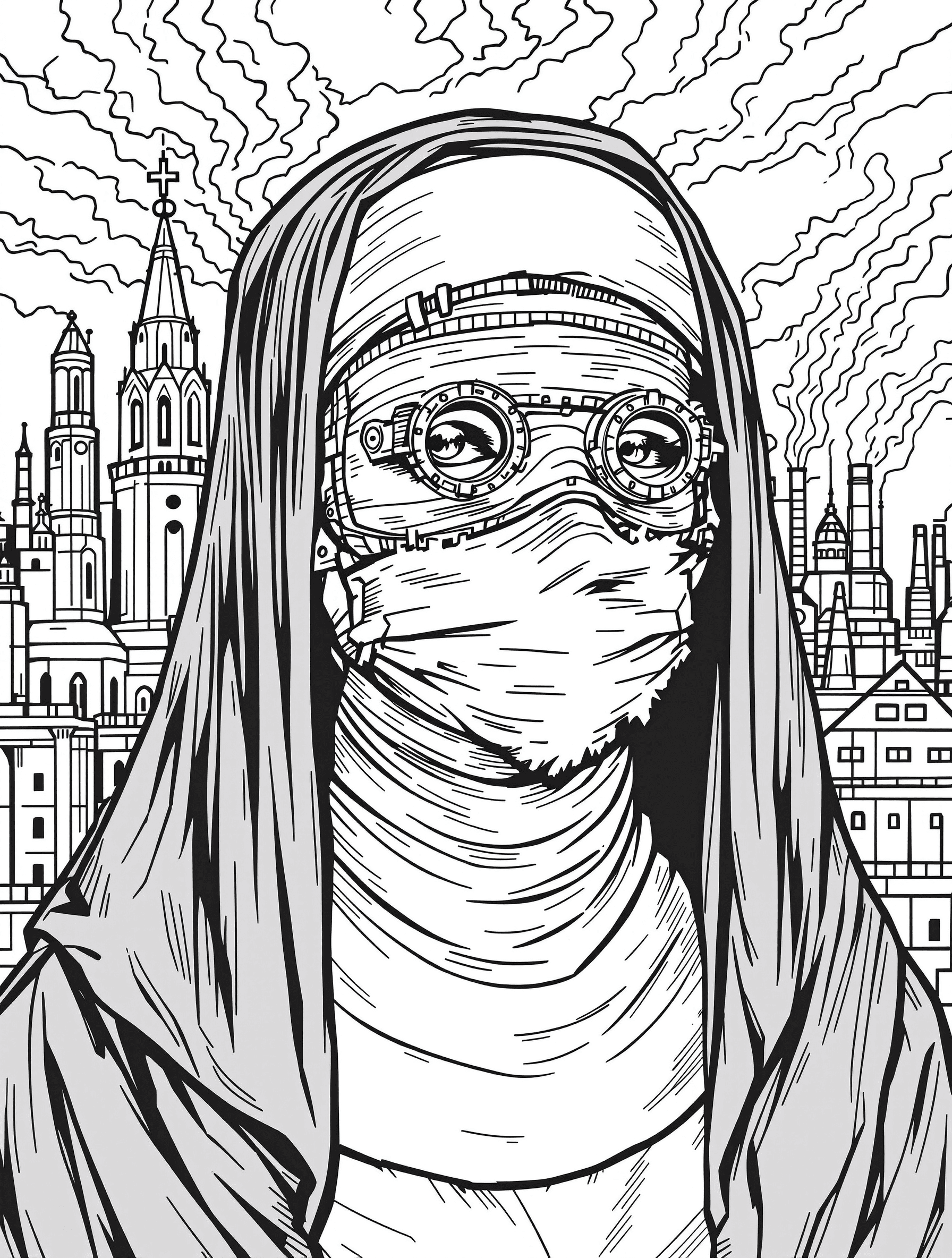 AI generated: black and white, adult coloring book, stylized, female steampunk nun, steampunk, cloth mask with rou...