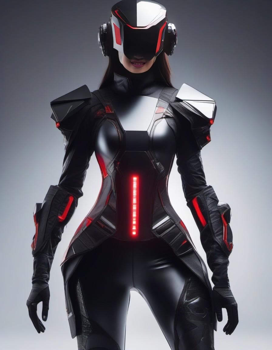AI generated: Futuristic cyborg girl featuring a captivating cybernetic helmet adorned with vibrant triangular red...