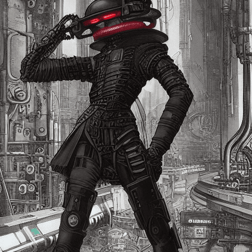 AI generated: a futuristic cyberpunk with red glowing eyes, high details, dark mood
in the style of still from a r...
