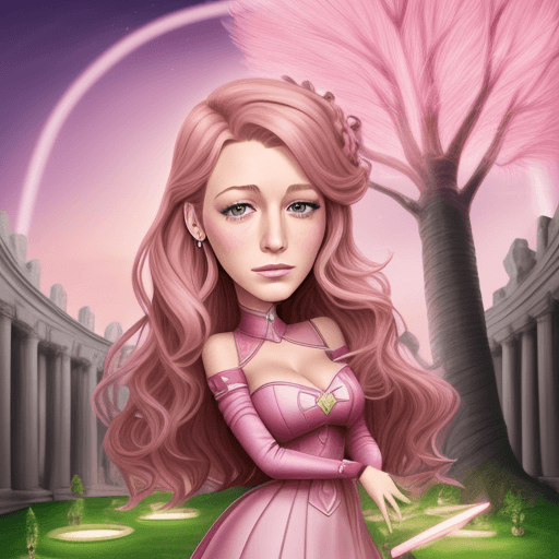 AI generated: Blake Lively caricature with rome clothes, landscape have pink heart trees, floathing laeves and glo...