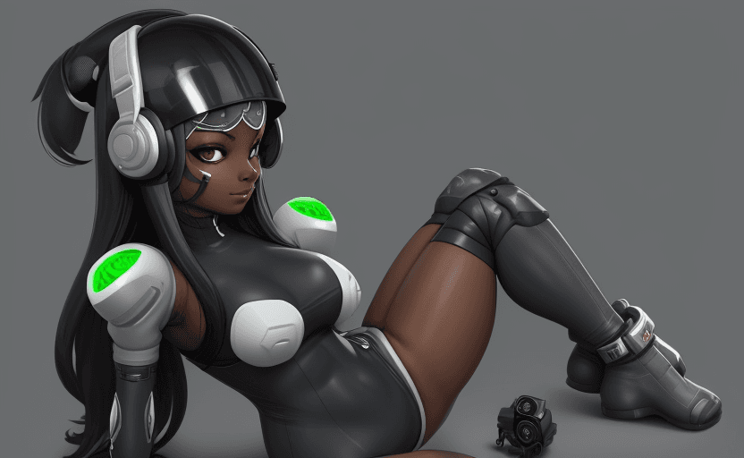AI generated: inkling goddess, long hair, dark skin, leotard, thick thighs, speakers on helmet headset, smug and d...