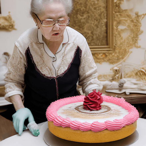 AI generated: Exploding cake::15 Using a wide-angle lens, capture the dramatic moment when a grandmother with glas...