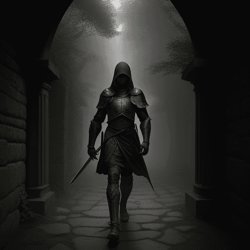 AI generated: The photo shows a figure in dark armor and hood holding a sword and walking through an ancient stone...