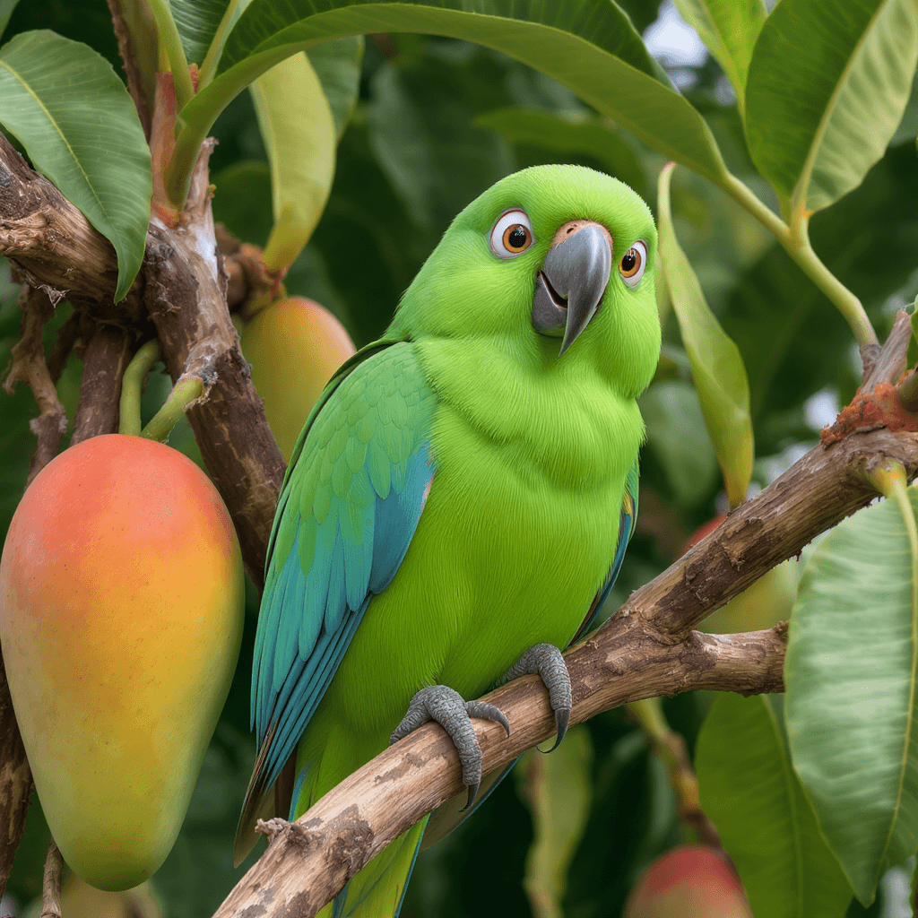 AI generated: realistic animated green red parrot sitting on mango tree, smiling