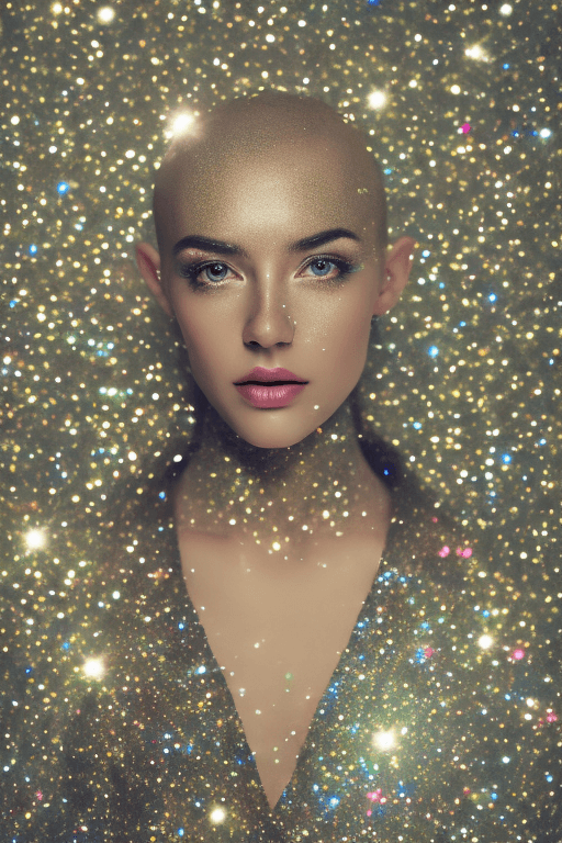 AI generated: Close-up of a person, glitter background, shiny glitter hair, professional profile photo, shiny glit...