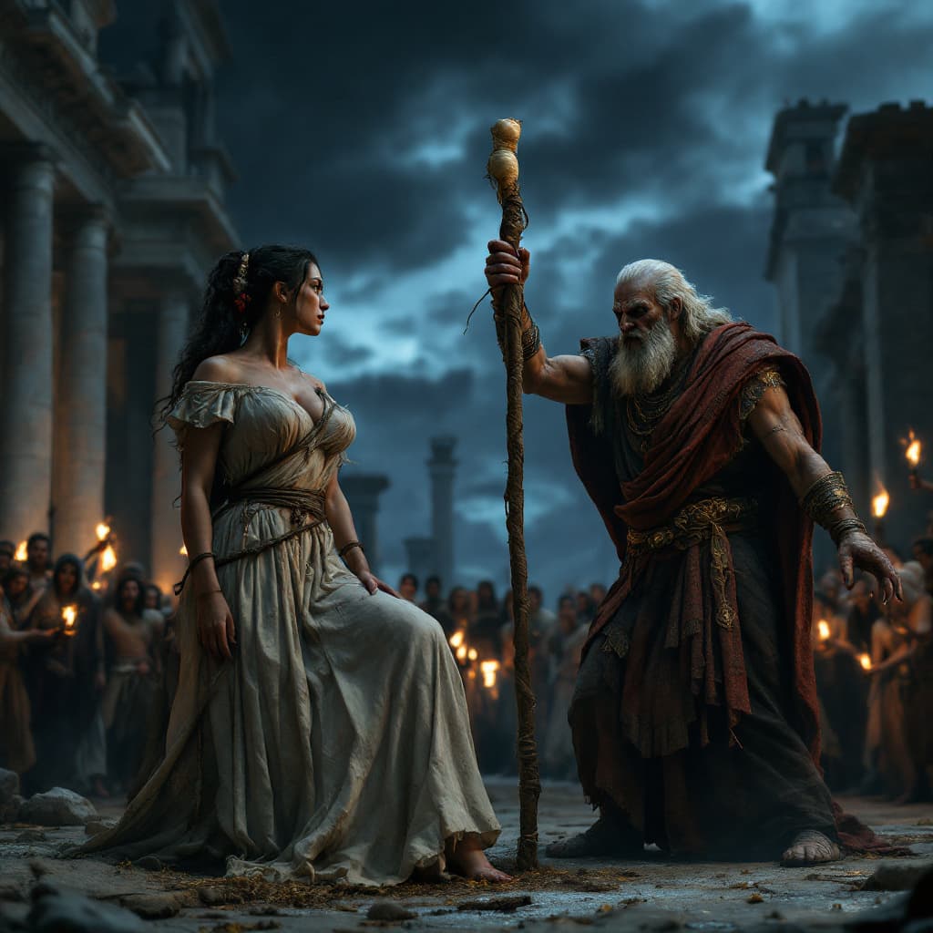 AI generated: 
"Ancient Greek city at night, a woman tied to a wooden pole, a grim ancient Greek judge holding a s...