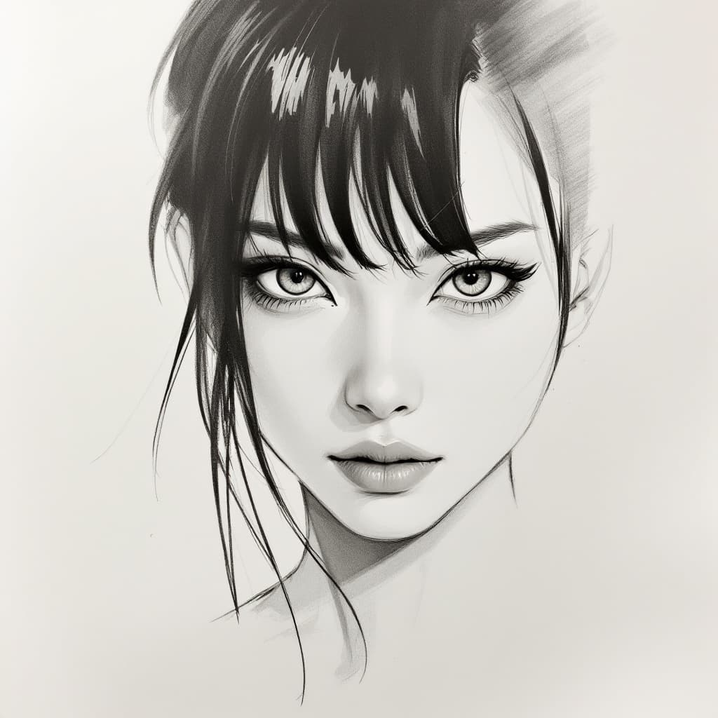 AI generated: A captivating close-up of a Japanese woman with piercing, almond-shaped eyes and bold. asymmetrical ...