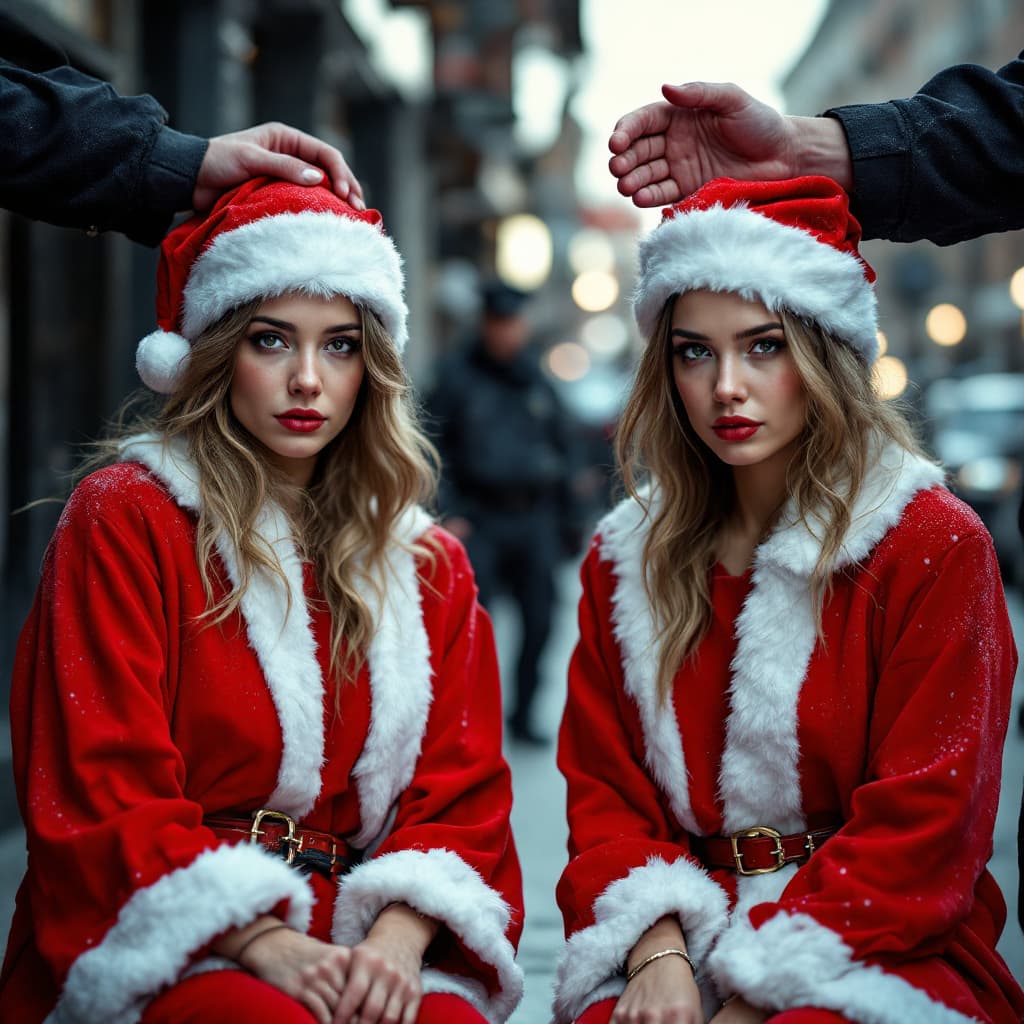 AI generated: Two female male Santa Claus criminals strong  wearing  Santa Claus suit  in light red color in day t...