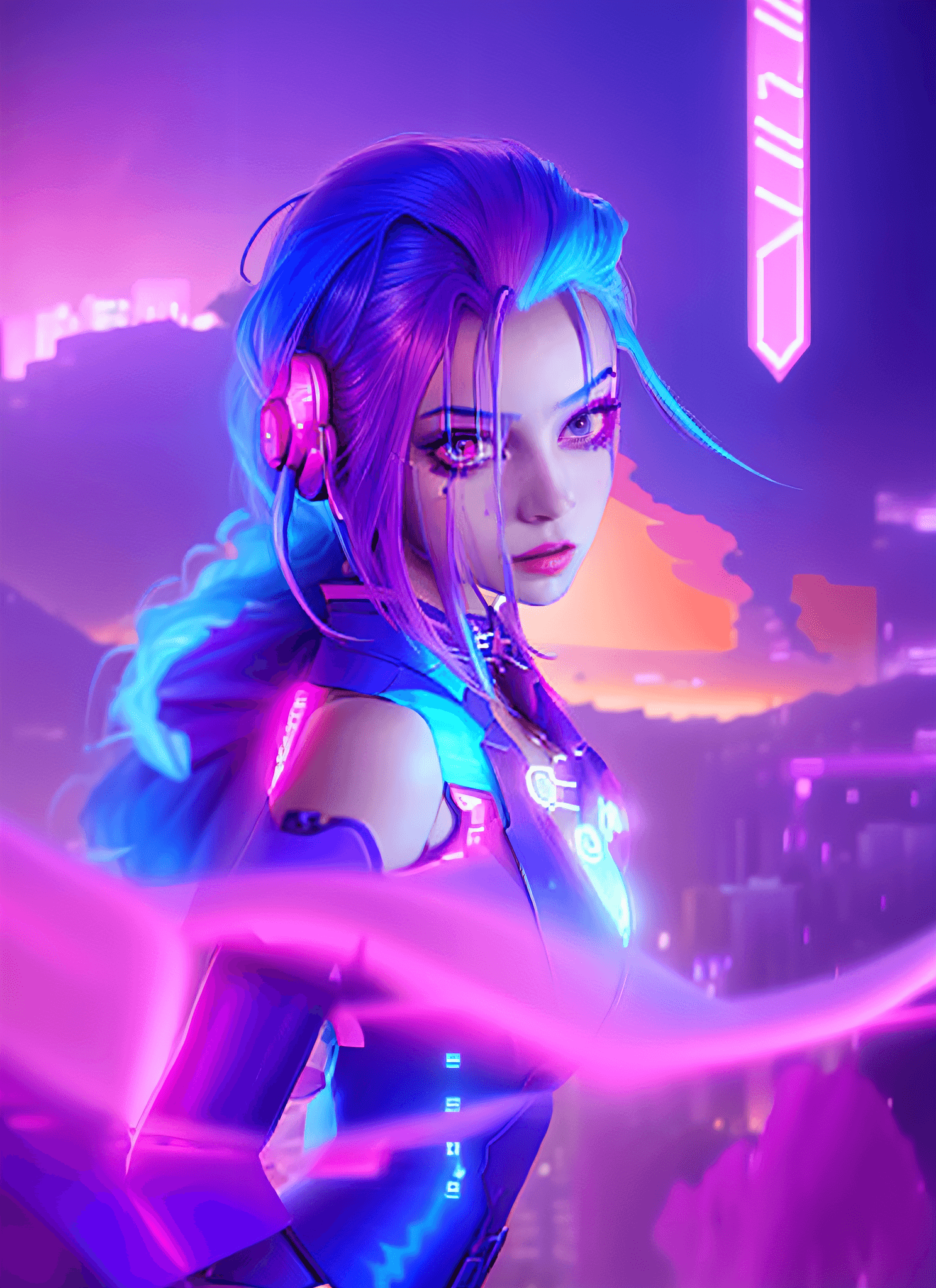 AI generated: a close up of a person with blue hair and a purple light, digital cyberpunk - anime art, digital cyb...