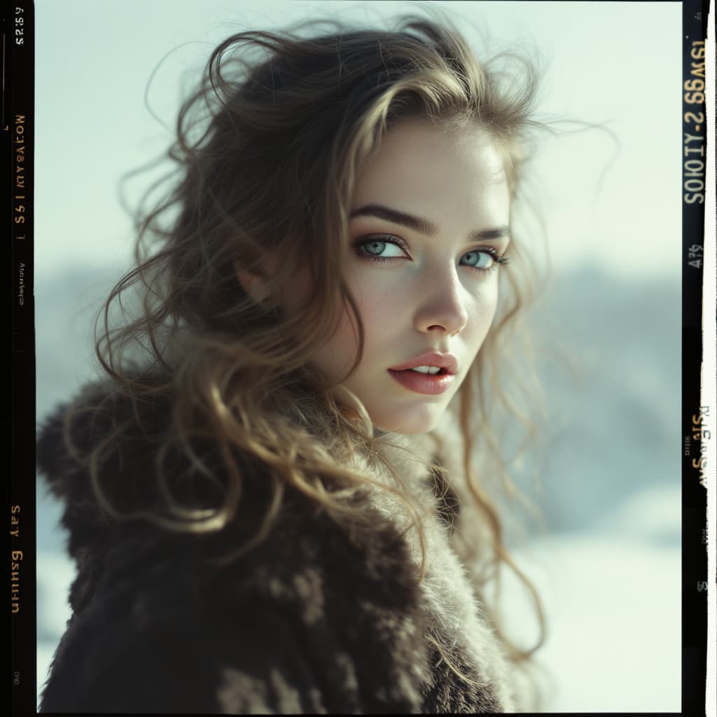 AI generated: female, Caucasian, Polaroid proof for a fashion shoot, hyper-realistic, lifelike --ar 35:64 --style ...