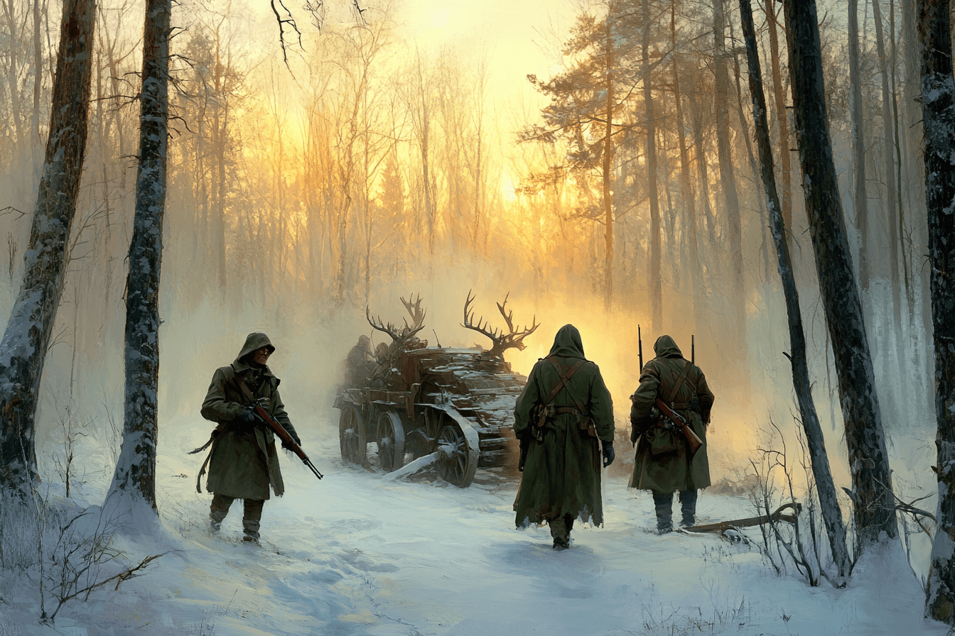AI generated: A dense, snow-covered forest at dusk, the towering trees casting long shadows over the untouched whi...