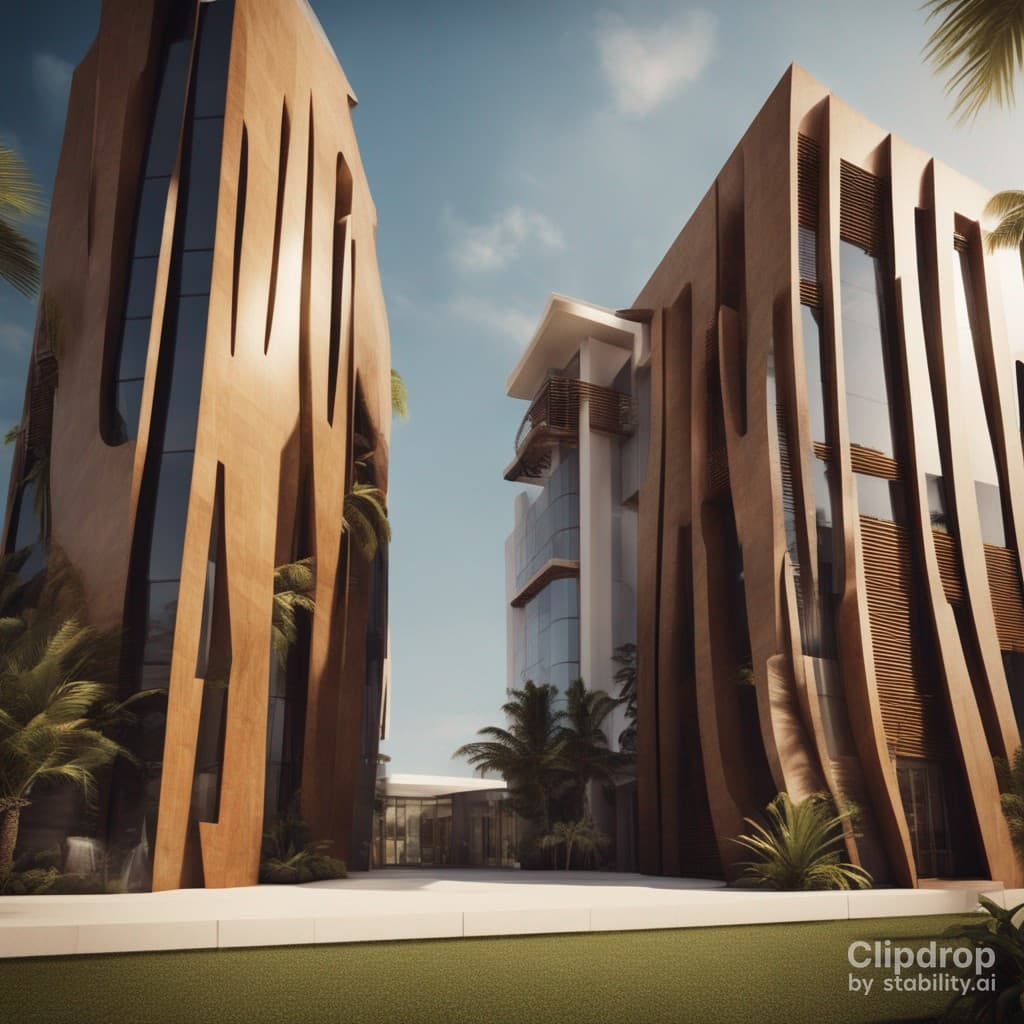 AI generated: Stylish modern building with smooth facade lines design in African patterns:: ultra modern::1 tropic...