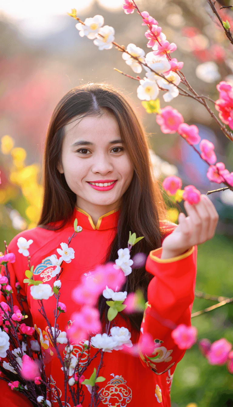 AI generated: Create a high-definition visual: “A beautiful young Vietnamese woman in a flowing red ao dai stands ...
