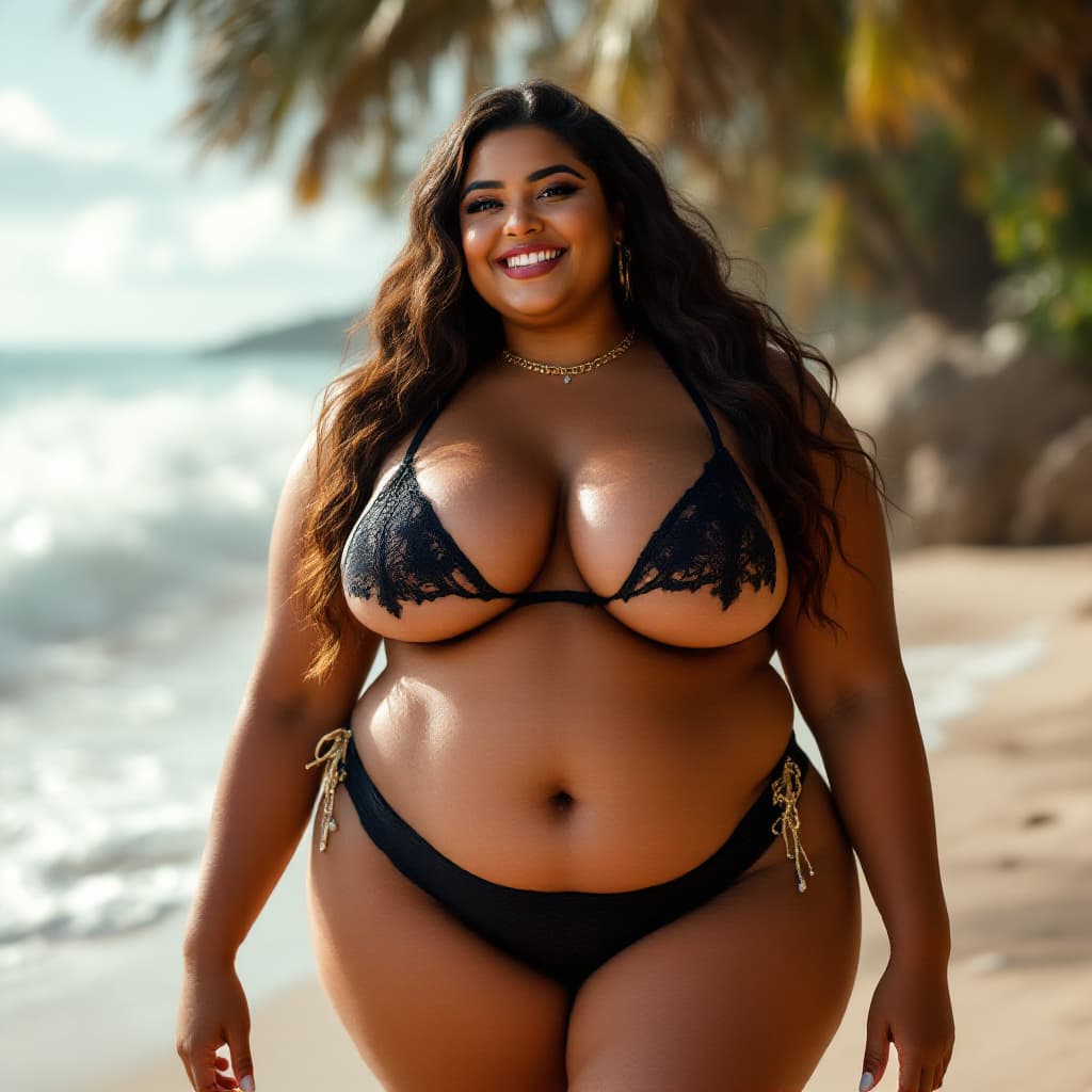 AI generated: A plus size indian smiling woman with massive big boobs like fotball in bikini