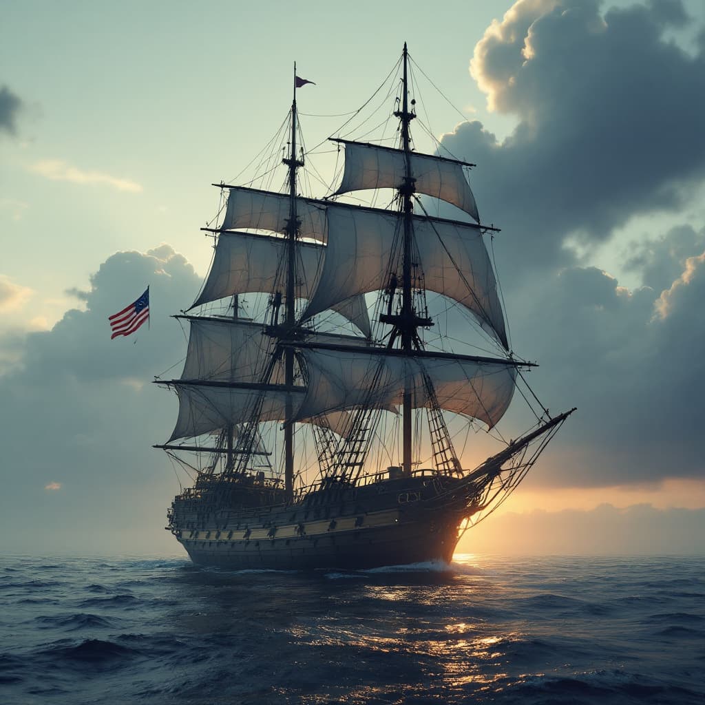 AI generated: Photo of a ultra realistic sailing ship, dramatic light, pale sunrise, cinematic lighting, battered,...