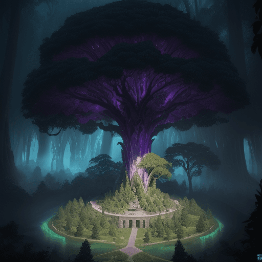AI generated: Bird's-eye view Incredible, fabulous and beautiful massive scale tree Teldrassil, located in Veiled ...