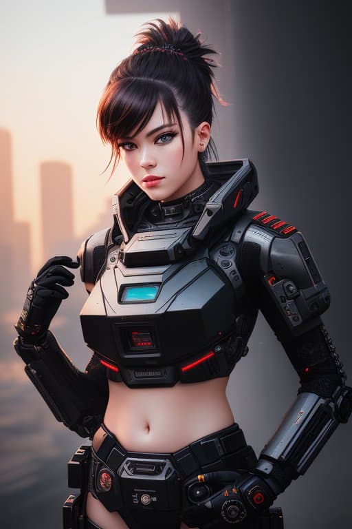 AI generated: an analog style picture of a postapocalypse swpunk synthwave style female cyborgdiffusion killing ma...