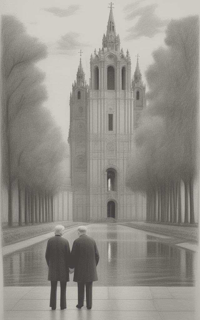 AI generated: Monochromatic drawing, showing an elderly couple looking at each other, with the Basilica of Pilar D...