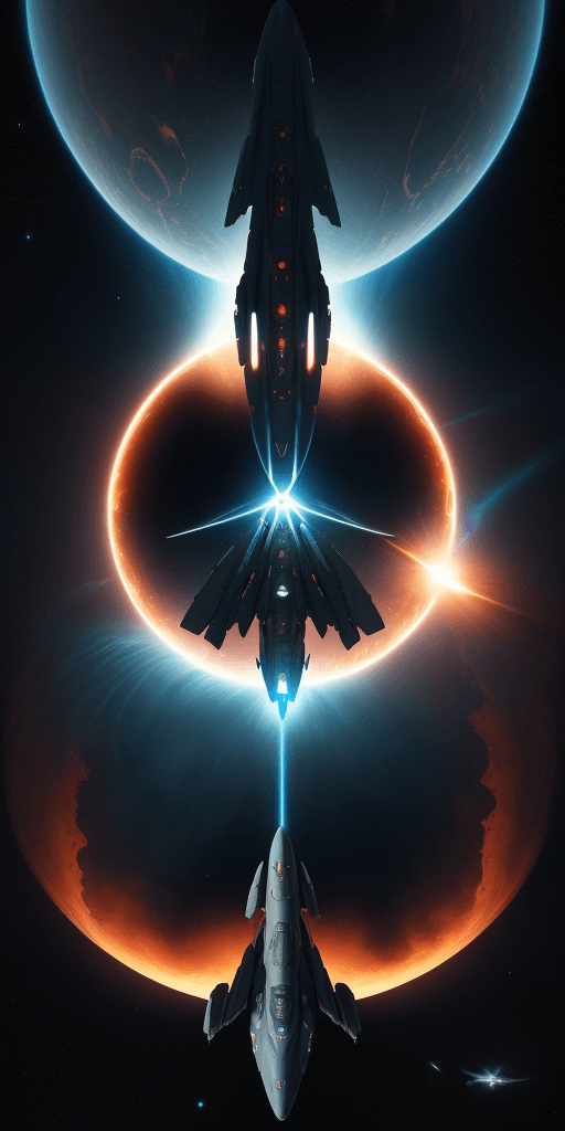 AI generated: illustration, sci-fi concept,  A Star fighter flying online with a tail flame like the number 11，wid...