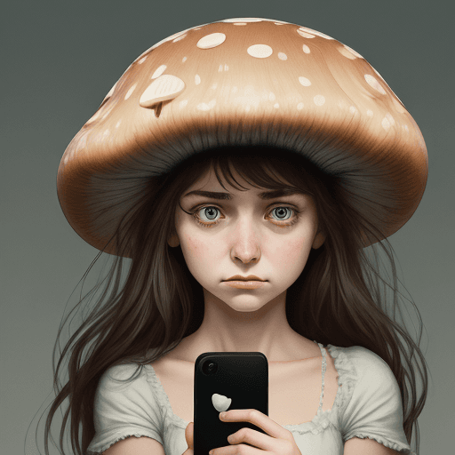 AI generated: Artistic illustration of a girl holding an iPhone 15 and being upset with a mushroom on her head