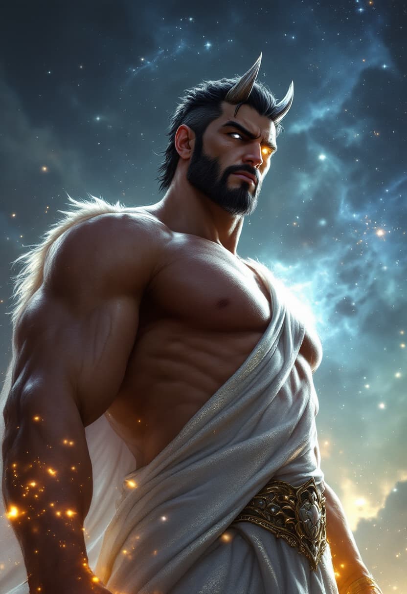 AI generated: God of Gods Muscular and tall Full body with short black and white hair with Black cleanly trimmed s...