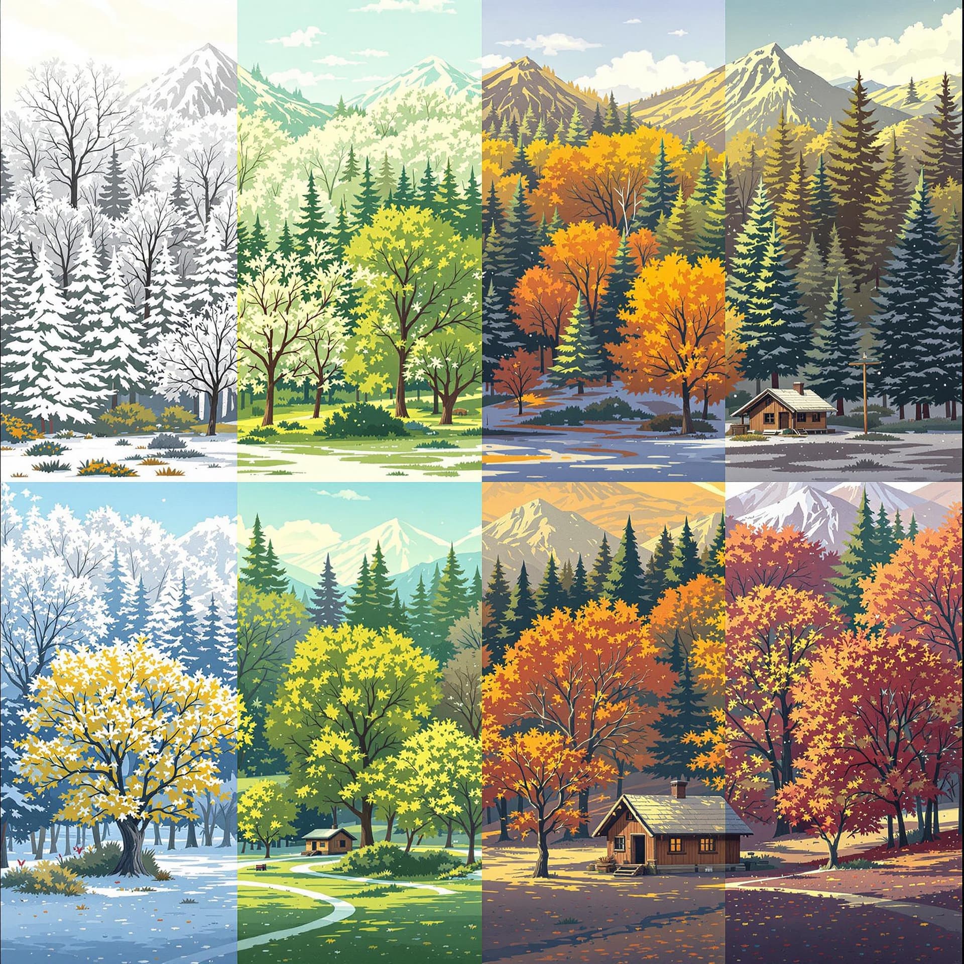 AI generated: illustrate the four seasons of a single landscape in one continuous panoramic image. From left to ri...