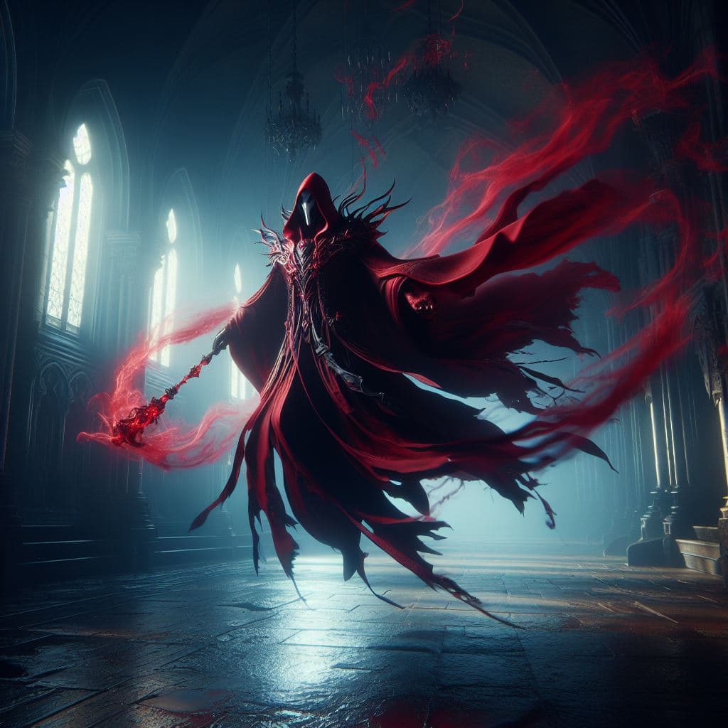 AI generated: In a dark, gothic cathedral, Vladimir, the elegant and sinister Crimson Reaper, floats, his crimson ...