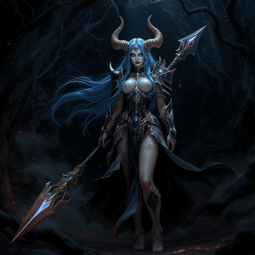 AI generated: the nether world,a highly detailed, photorealistic CGI rendering of a fantasy warrior woman standing...