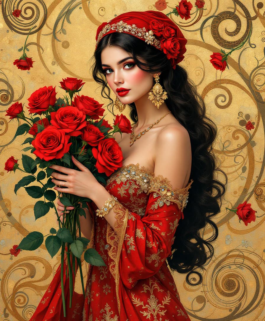 AI generated: Prompt highly detailed and ornate illustration in the style of Gustav Klimt, featuring an elegant wo...