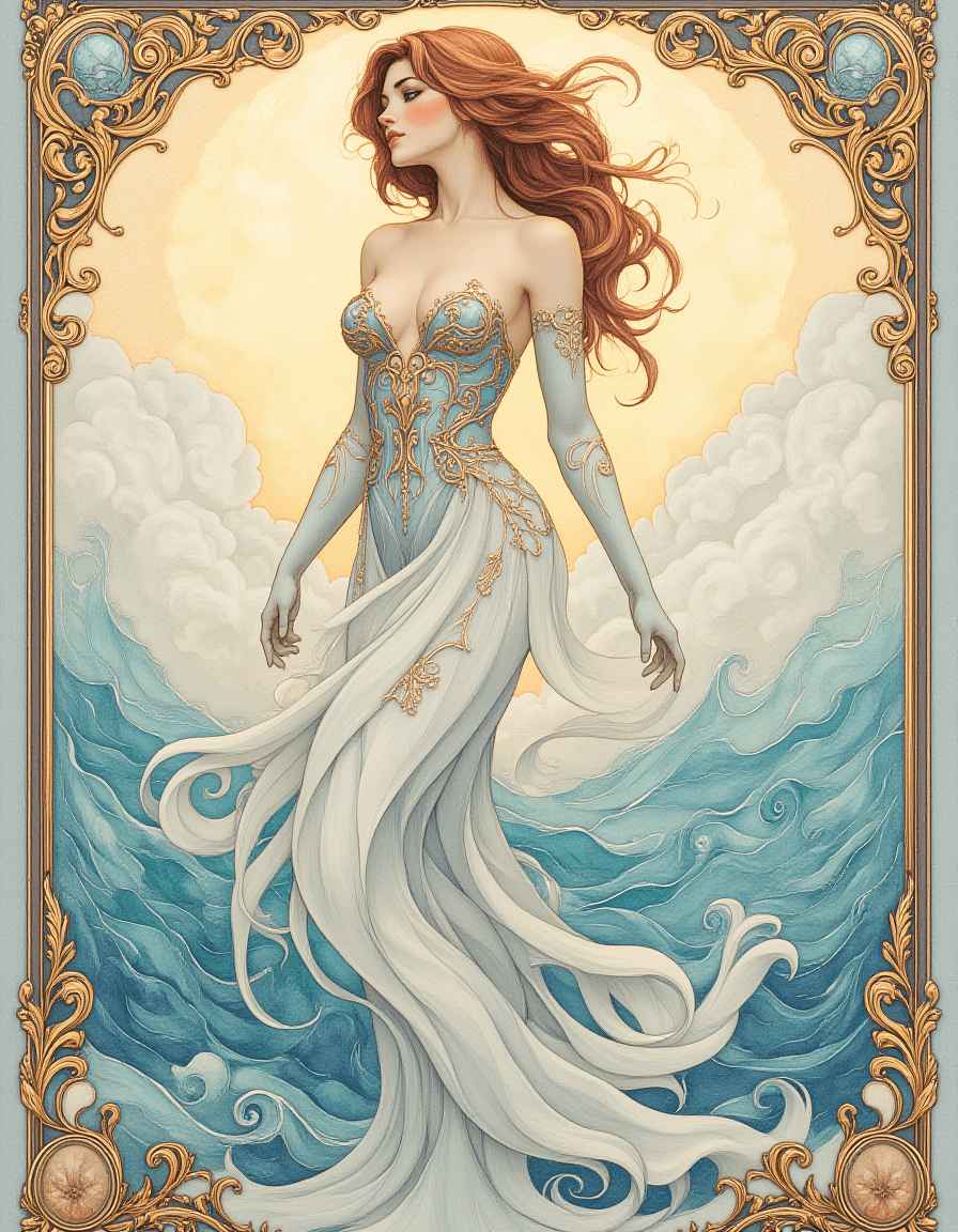 AI generated: A graceful woman standing on a serene beach, surrounded by flowing waves and delicate seashells. Her...