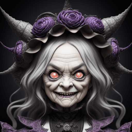 AI generated: Very old madness grandma with evil smile, mad sky hallucination by Mundford, baroque maximalist, chi...