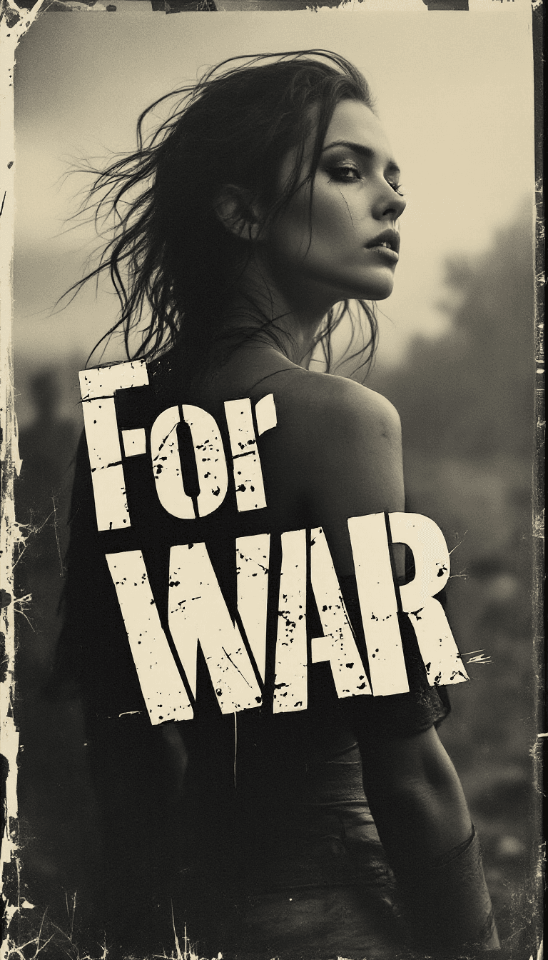 AI generated: beatiful warrior woman, old polaroid photo,dystopian,typography 'For War' overlaid, sad mood,b&w pho...