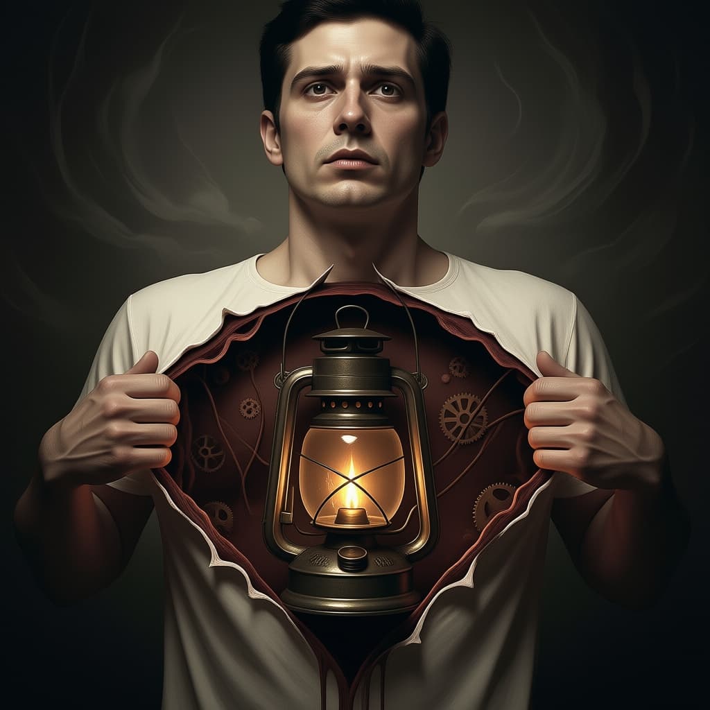 AI generated: An artistic simulation of a man holding his chest open with his hands and inside the heart is a brok...