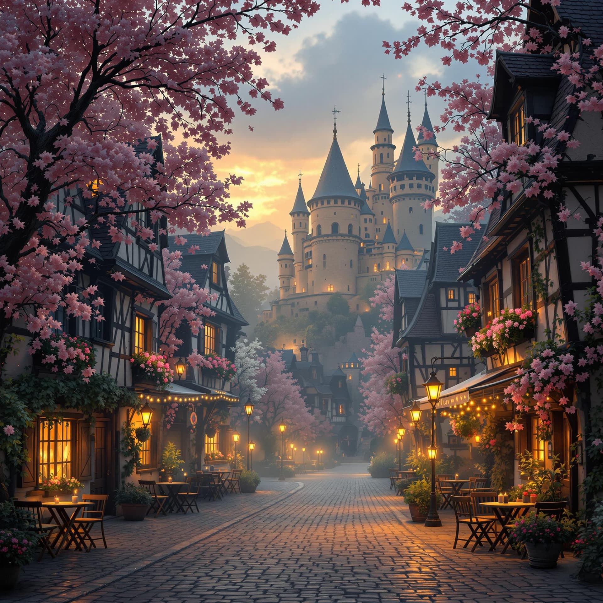 AI generated: Ein malerisches Kopfsteinpflastergässchen in einer mittelalterlich inspirierten Stadt bei Dämmerung....